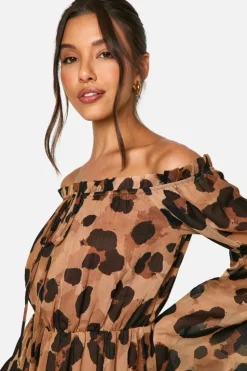 Smock Dresses*boohoo Leopard Chiffon Bardot Volume Maxi Dress brown