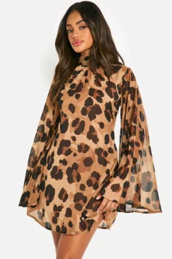 Smock Dresses*boohoo Leopard Chiffon Flare Sleeve Mini Dress brown