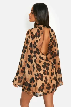 Smock Dresses*boohoo Leopard Chiffon Flare Sleeve Mini Dress brown