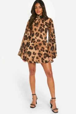 Smock Dresses*boohoo Leopard Chiffon Flare Sleeve Mini Dress brown