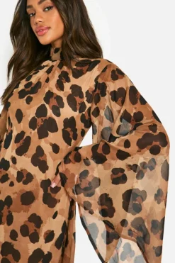 Smock Dresses*boohoo Leopard Chiffon Flare Sleeve Mini Dress brown