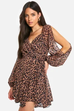 Wrap Dresses|Skater Dresses*boohoo Leopard Chiffon Lace Back Puff Sleeve Wrap Skater Dress brown