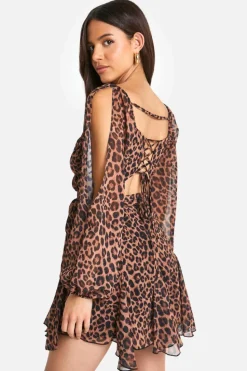 Wrap Dresses|Skater Dresses*boohoo Leopard Chiffon Lace Back Puff Sleeve Wrap Skater Dress brown