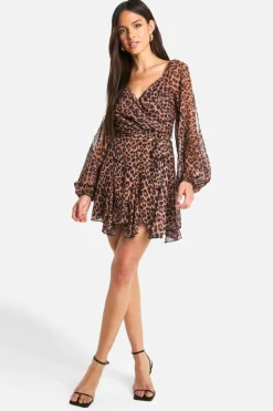 Wrap Dresses|Skater Dresses*boohoo Leopard Chiffon Lace Back Puff Sleeve Wrap Skater Dress brown