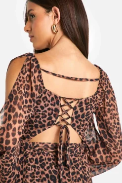 Wrap Dresses|Skater Dresses*boohoo Leopard Chiffon Lace Back Puff Sleeve Wrap Skater Dress brown