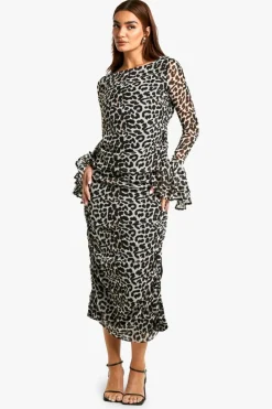 Long Sleeve Dresses|Long Sleeve Dresses*boohoo Leopard Chiffon Ruffle Midaxi Dress brown