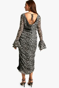 Long Sleeve Dresses|Long Sleeve Dresses*boohoo Leopard Chiffon Ruffle Midaxi Dress brown