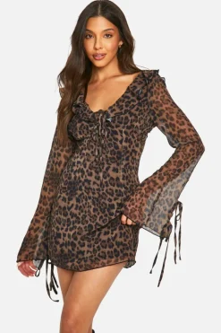 Mini Dresses|Long Sleeve Dresses*boohoo Leopard Chiffon Ruffle Shift Dress brown
