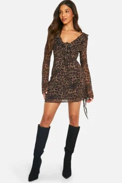 Mini Dresses|Long Sleeve Dresses*boohoo Leopard Chiffon Ruffle Shift Dress brown