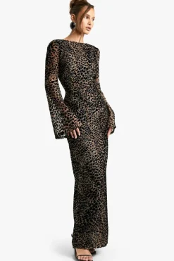 Maxi Dresses|Long Sleeve Dresses*boohoo Leopard Devore Flare Sleeve Back Maxi Dress brown