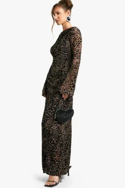 Maxi Dresses|Long Sleeve Dresses*boohoo Leopard Devore Flare Sleeve Back Maxi Dress brown