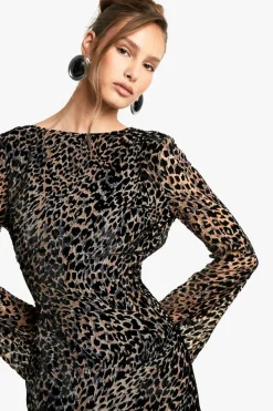 Maxi Dresses|Long Sleeve Dresses*boohoo Leopard Devore Flare Sleeve Back Maxi Dress brown
