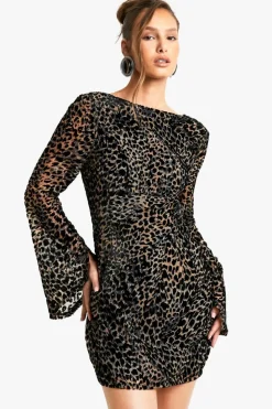 Bodycon Dresses|Mini Dresses*boohoo Leopard Devore Flare Sleeve Back Mini Dress brown