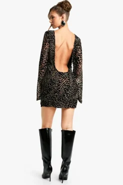 Bodycon Dresses|Mini Dresses*boohoo Leopard Devore Flare Sleeve Back Mini Dress brown