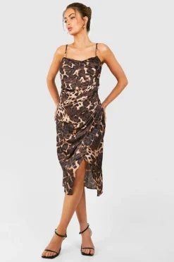 Cami Dresses|Midi Dresses*boohoo Leopard Draped Midi Slip Dress brown