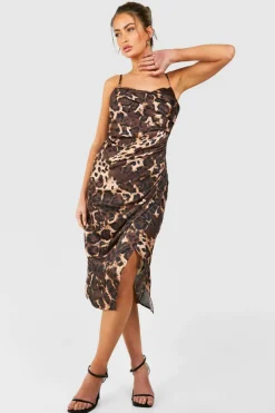 Cami Dresses|Midi Dresses*boohoo Leopard Draped Midi Slip Dress brown