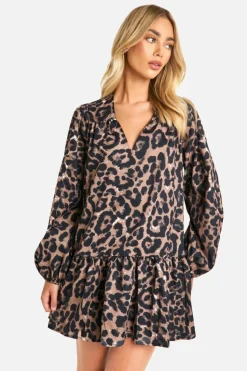 Smock Dresses*boohoo Leopard Drop Hem Smock Dress brown