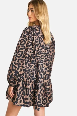 Smock Dresses*boohoo Leopard Drop Hem Smock Dress brown