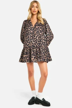 Smock Dresses*boohoo Leopard Drop Hem Smock Dress brown