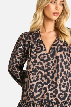 Smock Dresses*boohoo Leopard Drop Hem Smock Dress brown