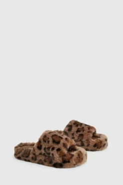 Slippers|Slippers*boohoo Fluffy Faux Fur Platform Slippers leopard