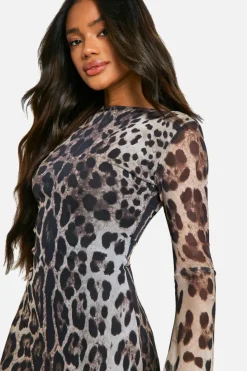Mini Dresses|Long Sleeve Dresses*boohoo Leopard Mesh Flare Sleeve Mini Dress brown