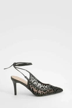 Heels*boohoo Leopard Mesh Lace Up Court Shoes black