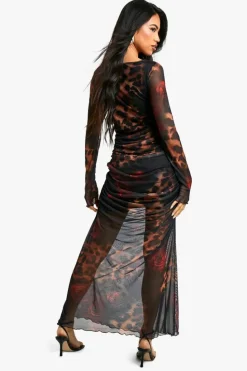 Maxi Dresses|Long Sleeve Dresses*boohoo Leopard Mesh Maxi Dress brown