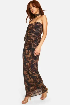 Maxi Dresses*boohoo Mesh Scarf Neck Bandeau Maxi Dress leopard