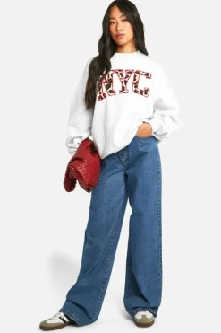 Sweatshirts|Athleisure*boohoo Leopard Nyc Applique Sweatshirt ash grey