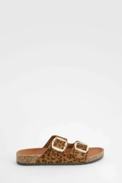 Sandals*boohoo Oversized Buckle Footbed Sliders leopard