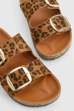 Sandals*boohoo Oversized Buckle Footbed Sliders leopard