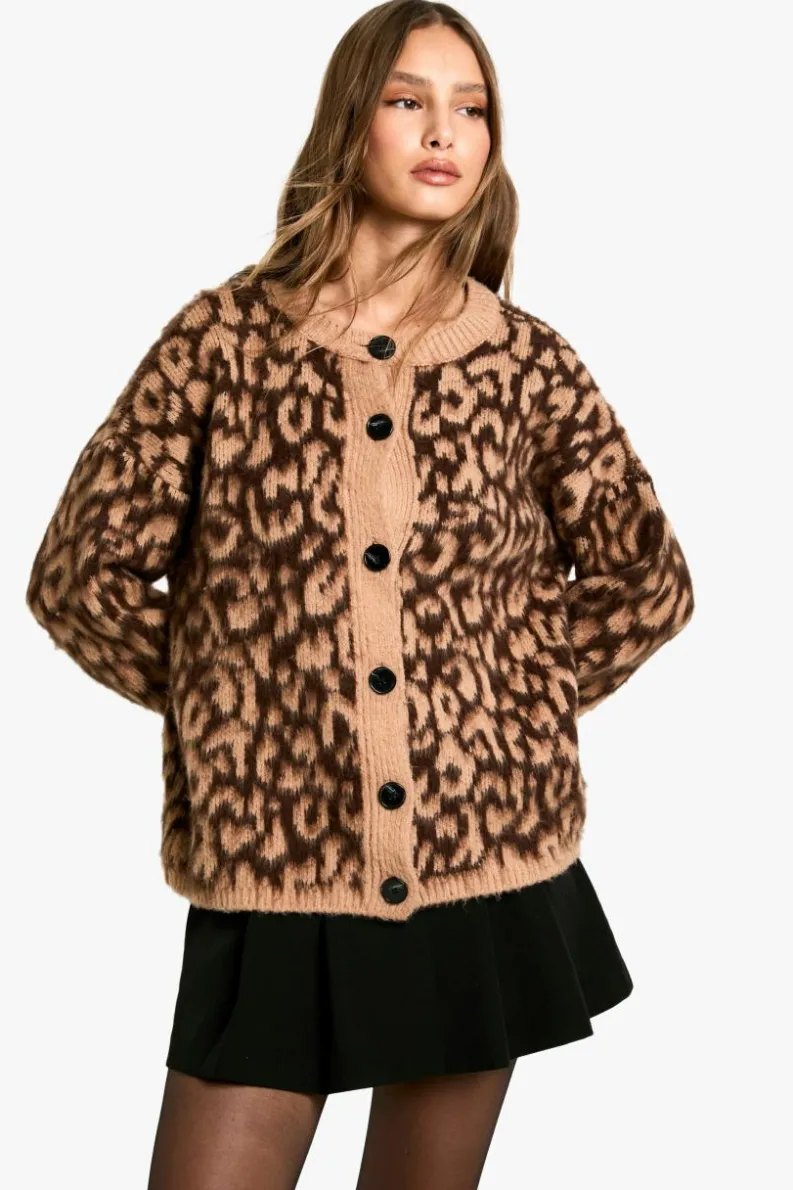 Cardigans|Knitwear*boohoo Leopard Print Cardigan camel