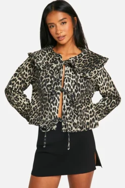 Up To 80% Off Winter Warmers|Denim Jackets*boohoo Leopard Print Collar Detail Tie Front Denim Jacket brown