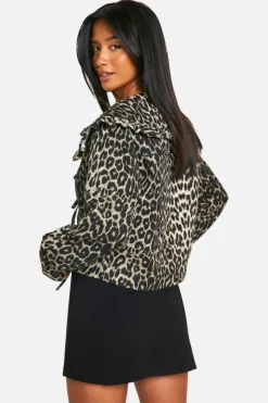 Up To 80% Off Winter Warmers|Denim Jackets*boohoo Leopard Print Collar Detail Tie Front Denim Jacket brown