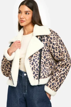 Up To 80% Off Winter Warmers|Aviator Jackets*boohoo Print Cropped Aviator Jacket leopard