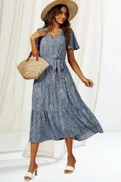 Midi Dresses|Wrap Dresses*FS Collection Leopard Print Hem Tiered Wrap Midi Dress In Blue