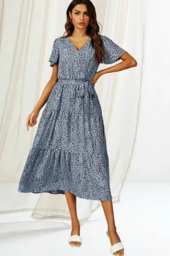 Midi Dresses|Wrap Dresses*FS Collection Leopard Print Hem Tiered Wrap Midi Dress In Blue