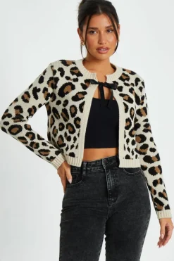 Cardigans*Quiz Leopard Print Knit Cardigan Off White