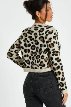 Cardigans*Quiz Leopard Print Knit Cardigan Off White