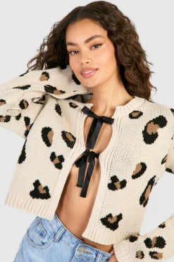 Cardigans|Knitwear*boohoo Leopard Print Knitted Bow Detail Cardigan cream