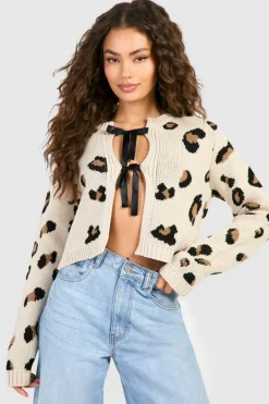 Cardigans|Knitwear*boohoo Leopard Print Knitted Bow Detail Cardigan cream