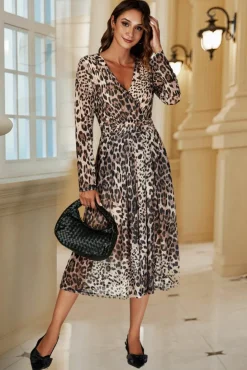 Midi Dresses*FS Collection Leopard Print Mesh Midi Dress In Brown