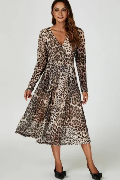 Midi Dresses*FS Collection Leopard Print Mesh Midi Dress In Brown