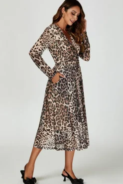 Midi Dresses*FS Collection Leopard Print Mesh Midi Dress In Brown