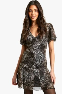 Skater Dresses*boohoo Leopard Print Mesh Mini Dress brown