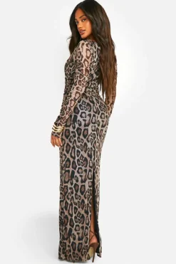 Maxi Dresses|Long Sleeve Dresses*boohoo Print Ruched Maxi Dress leopard
