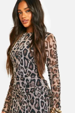 Maxi Dresses|Long Sleeve Dresses*boohoo Print Ruched Maxi Dress leopard