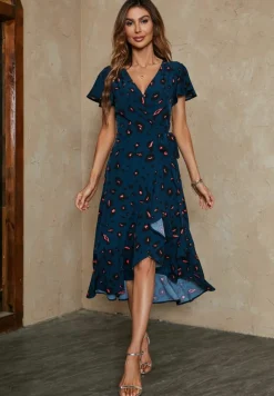 Wrap Dresses*FS Collection Leopard Print Wrap Hem Midi Dress In Blue