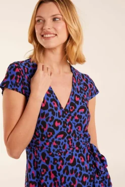 Wrap Dresses*Blue Vanilla Leopard Print Wrap Mini Dress Blue